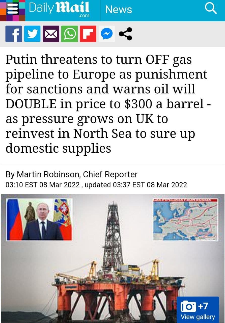 افزایش شدید قیمت نفت به دنبال تحریم نفت روسیه/ رکورد شکنی قیمت بنزین در آمریکا/ مردم اروپا فروشگاهها را خالی کردند/ رونمایی پوتین از نفت 300 دلاری