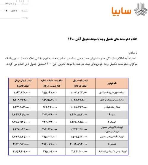 عکس / قیمت جدید محصولات سایپا اعلام شد