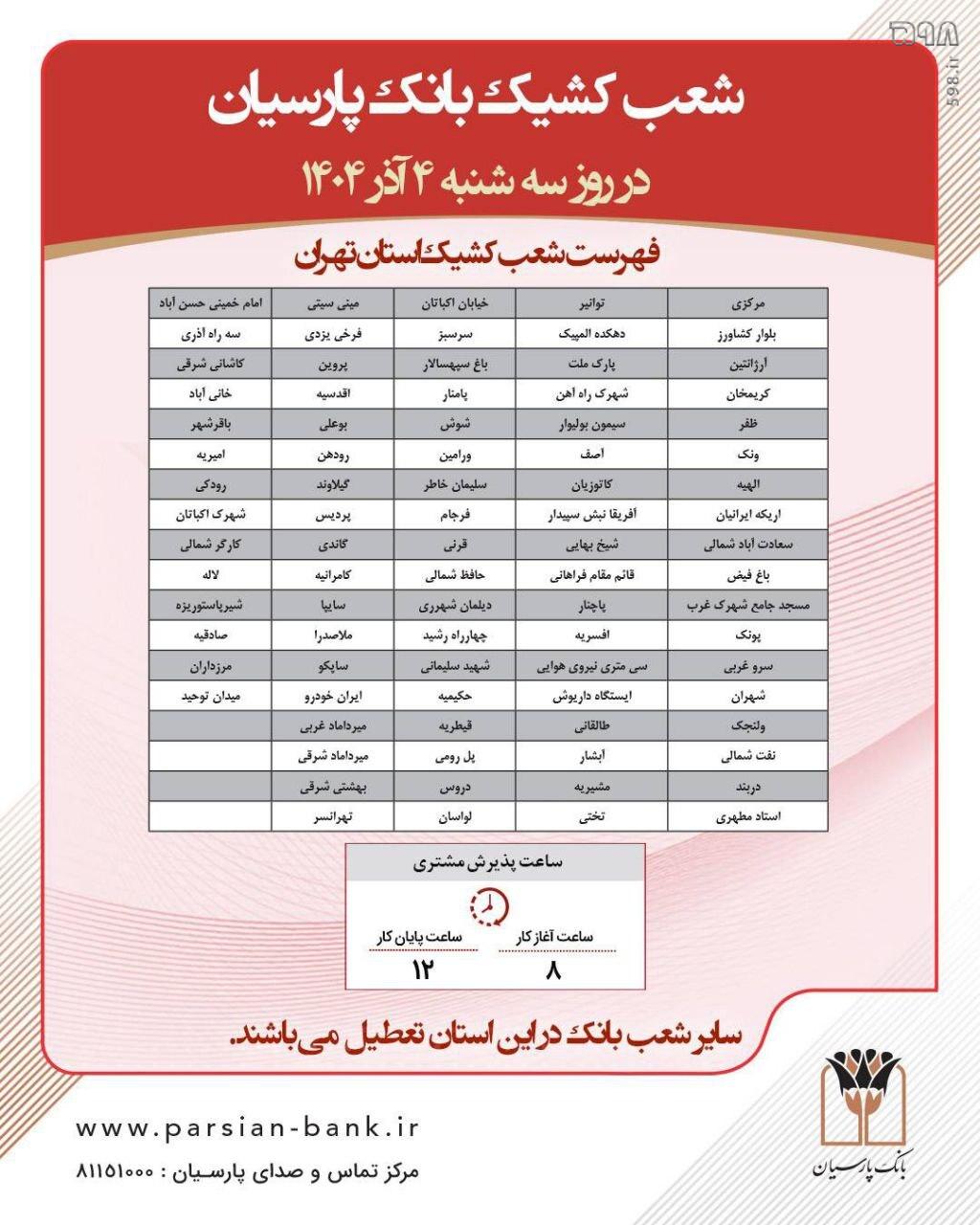 شعب کشیک بانک پارسیان اعلام شد